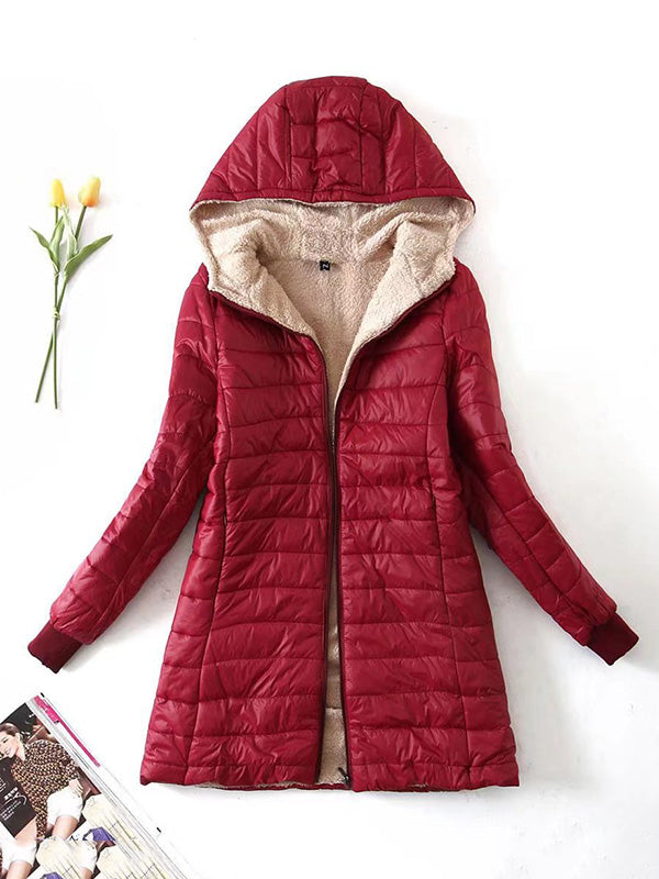 Manteau chaud matelassé à manches longues, à poches, en velours, à fermeture éclair, à capuche
