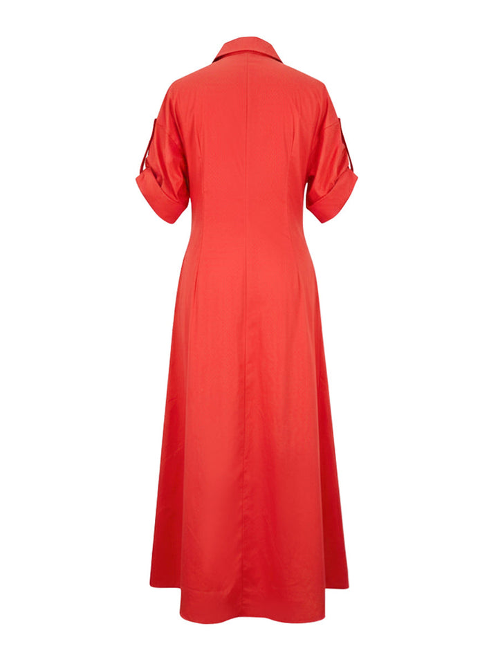 Robe chemise plissée coupe trapèze, taille haute, à col en V, couleur unie