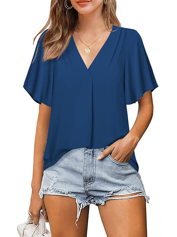 T-shirt en mousseline de soie de couleur unie urbaine ample Volants
