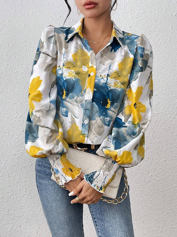 Chemisier ample boutonné plissé à manches longues, à taille élastique, à imprimé floral, à col revers