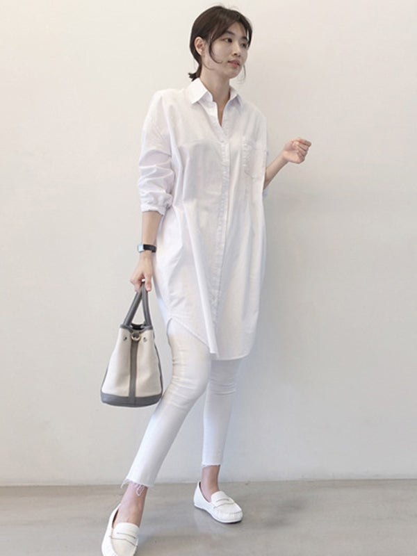 Bureau Manches Longues Couleur Unie Revers Blouses Robe Chemise
