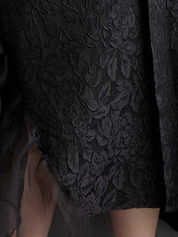 Robe mi-longue ample asymétrique plissée à manches chauve-souris, en forme de fleur, en gaze, en jacquard, à empiècements, à col rond, couleur unie