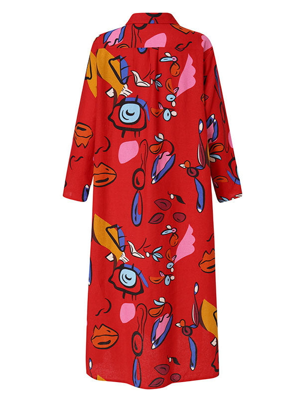 Robe chemise ample boutonnée imprimée à manches longues, à poches, à col revers