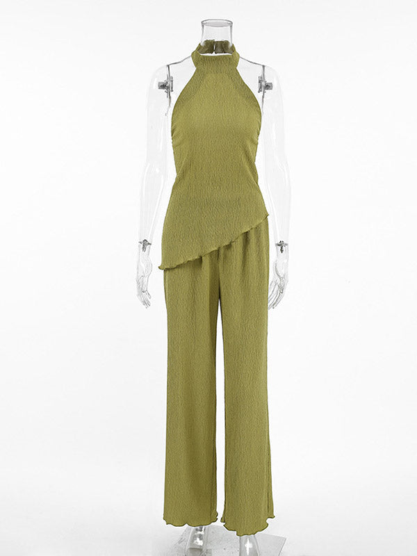 Ensemble deux pièces plissé sans manches, gilet asymétrique à col haut + pantalon à jambes larges, couleur unie