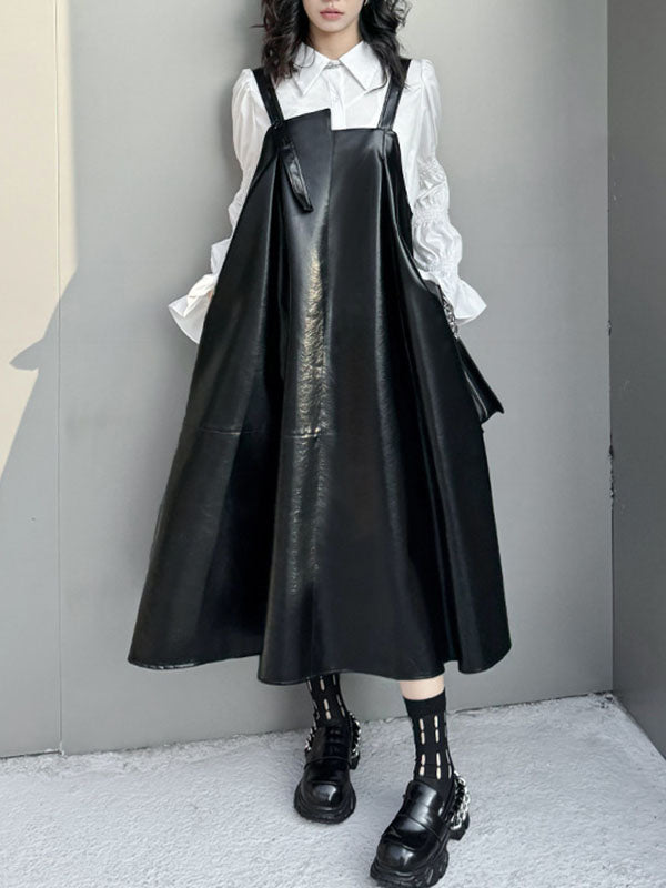 Robe trapèze ample asymétrique plissée, couleur unie, à empiècements, col carré, robe mi-longue