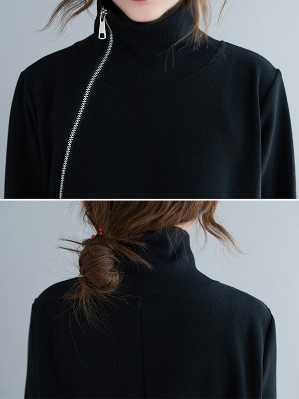 Sweat-shirt artistique ample rétro, à fermeture éclair, à col haut, à manches longues