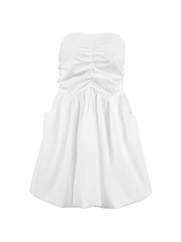 Robe courte plissée coupe trapèze, taille haute, à taille élastique, à poches, bustier, couleur unie