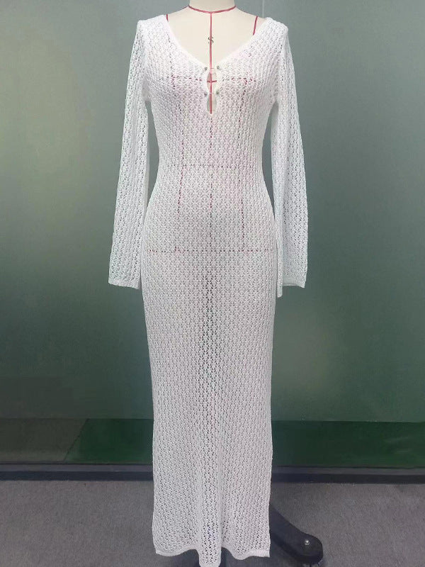 Creux transparent smocké couleur unie protection solaire col en v profond plage couvrir robes longues