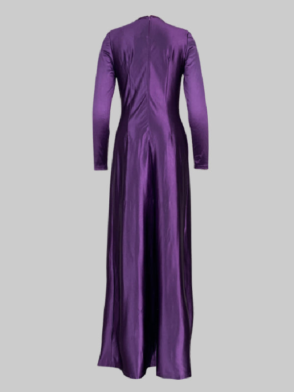 Robe longue moulante plissée fendue devant à manches longues, à taille nouée, à décolleté en V profond, couleur unie