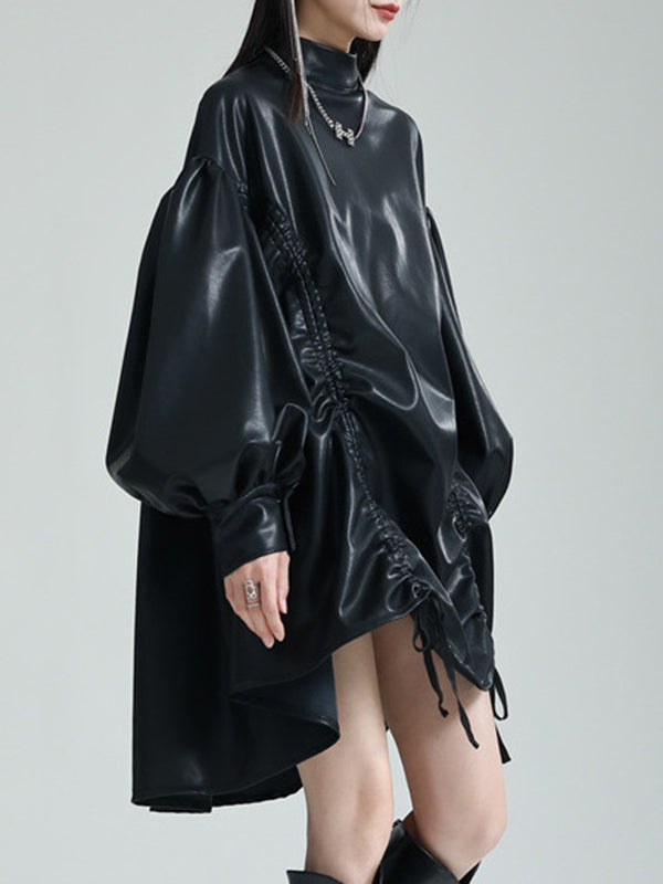 Robe courte plissée à ourlet plongeant, à manches longues, à cordon de serrage, à col montant, couleur unie