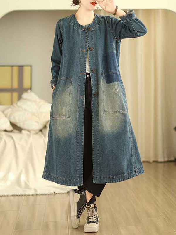 Trapèze Manches Longues Poches Boutonnées Col Rond Robes mi-longues Vêtements d'Extérieur
