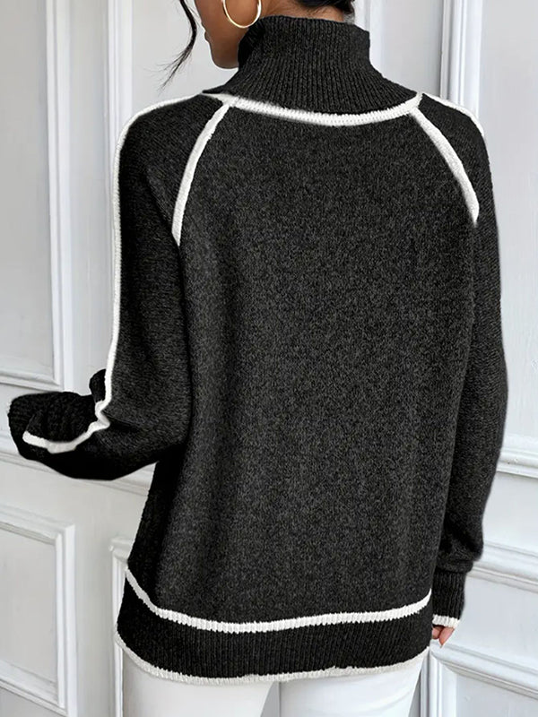 Pull ample à manches longues, à empiècements, à col haut, couleur contrastée