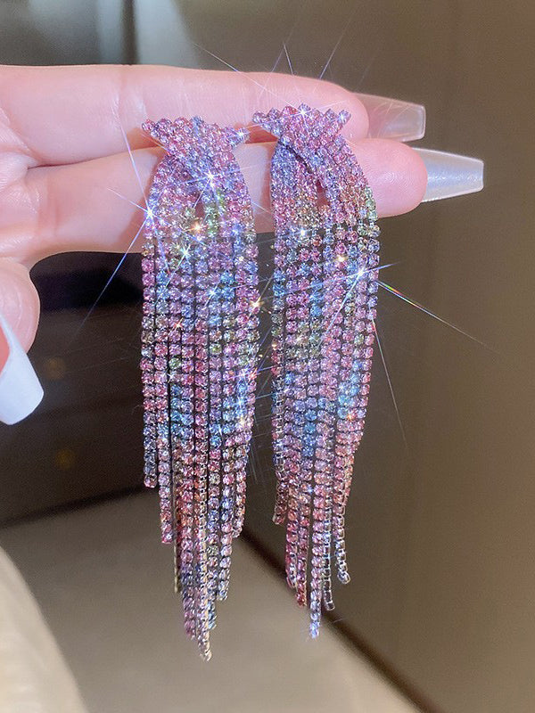 Boucles d'oreilles pendantes ajourées en dégradé, à strass, à pompons