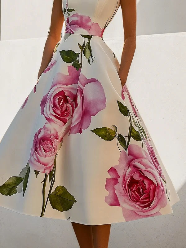 Robe mi-longue à manches courtes, coupe près du corps, à imprimé floral, à col montant