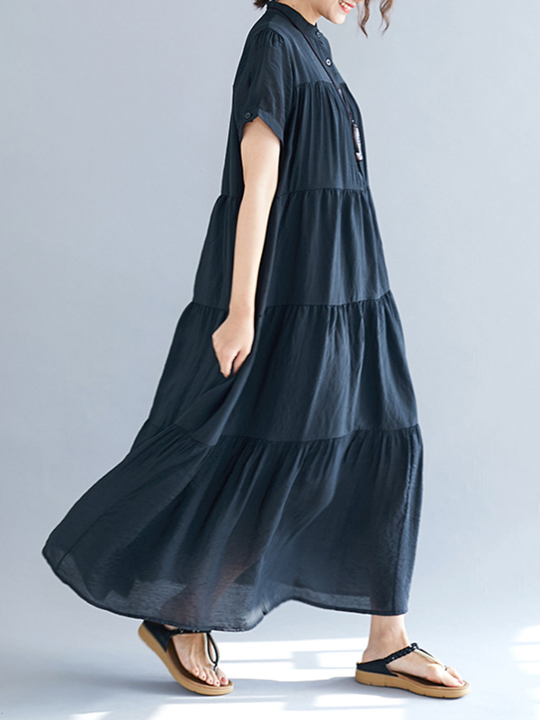 Robe mi-longue ample plissée vintage, à empiècements, à manches courtes, à col rond