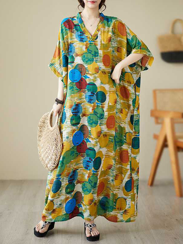 Robe longue à manches chauve-souris, à manches mi-longues, à pois, à col en V, couleur contrastée