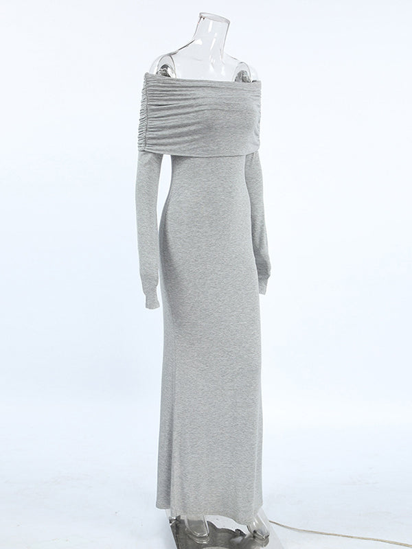 Robe de soirée longue plissée à manches longues, coupe près du corps, à empiècements, à épaules dénudées, couleur unie