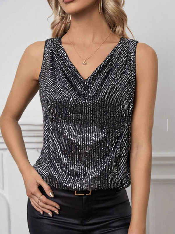 Débardeur ample brillant sans manches, à sequins, à empiècements, à col en V, couleur unie