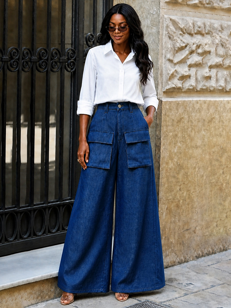 Pantalon boutonné à fermeture éclair, à poches, à jambes larges, taille haute, couleur unie