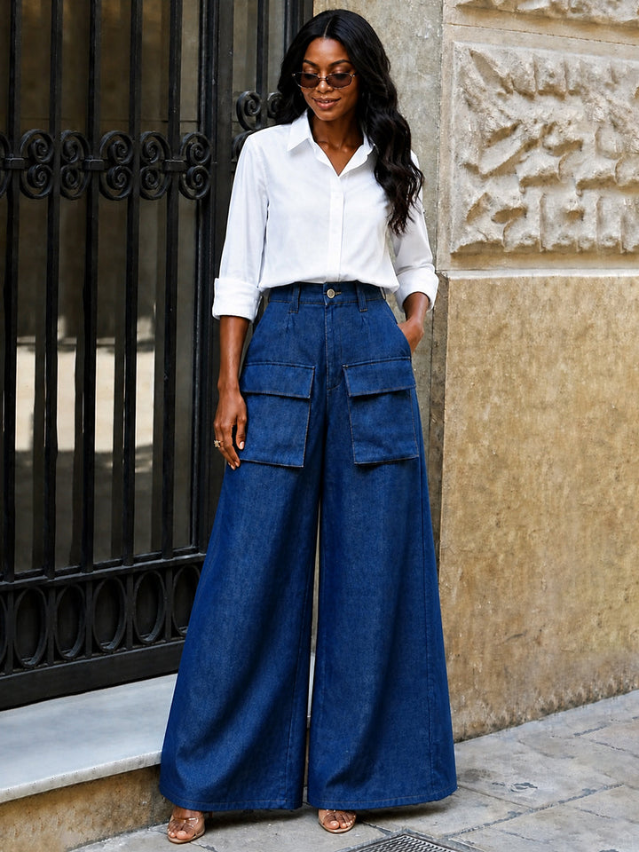 Pantalon boutonné à fermeture éclair, à poches, à jambes larges, taille haute, couleur unie