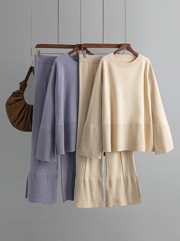 Ensemble deux pièces décontracté ample à manches longues, à col rond, à jambes larges, couleur unie – pull + pantalon