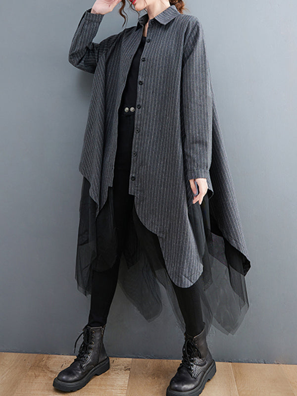 Robe ample rayée longue en gaze, à empiècements, à col revers