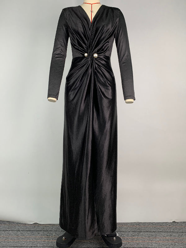 Robe longue moulante plissée fendue devant à manches longues, à taille nouée, à décolleté en V profond, couleur unie