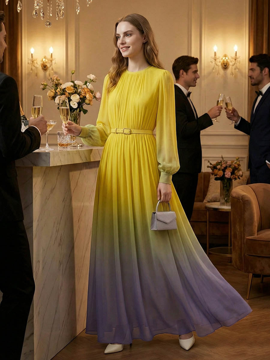 Robe longue plissée taille haute, à manches longues, avec ceinture, en dégradé, à empiècements, à col rond, couleur contrastée