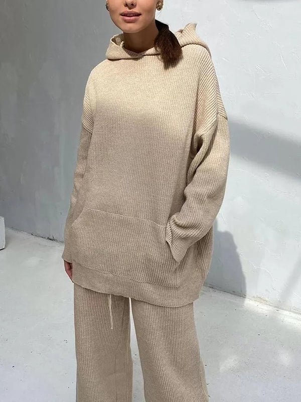 Ensemble deux pièces ample à col rond, à capuche, à manches longues, à cordon de serrage, couleur unie – pull + haut + pantalon