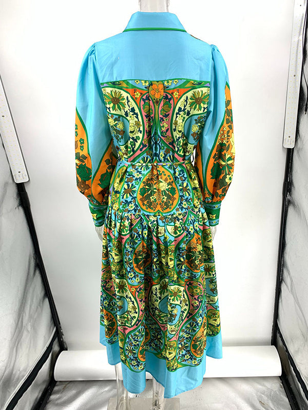 Robe mi-longue ample taille haute, à manches bouffantes, avec ceinture, à imprimé floral, à col revers