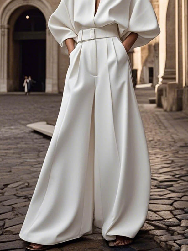 Combinaison ample sans ceinture, à manches mi-longues, à décolleté en V profond, couleur unie