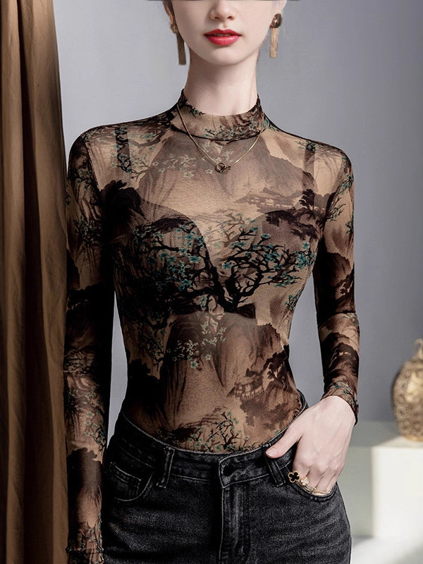 T-shirt asymétrique transparent à manches longues, grande taille, en résille, à empiècements, à col rond