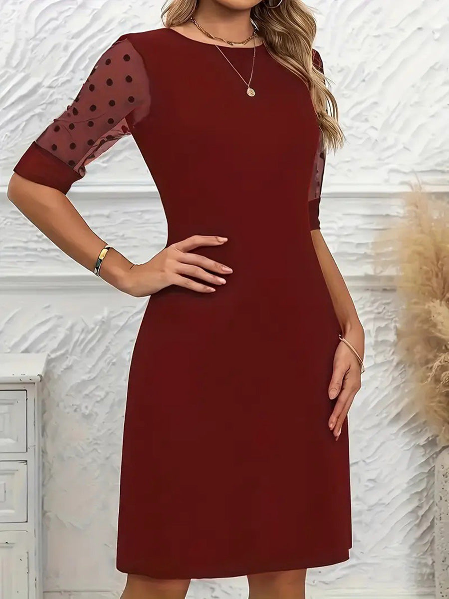 Robe courte transparente coupe trapèze, à manches mi-longues, à pois, à empiècements, à col rond, couleur unie