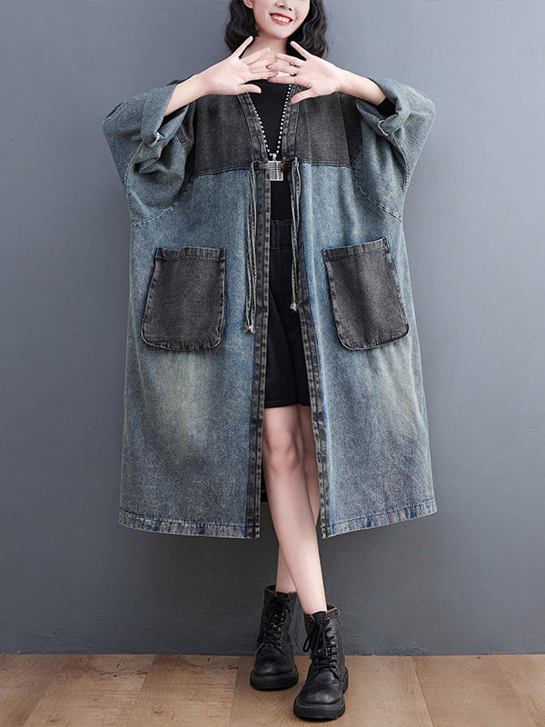 Artistique Rétro Denim Manches Longues Lâche Attaché à empiècements Trench Manteaux