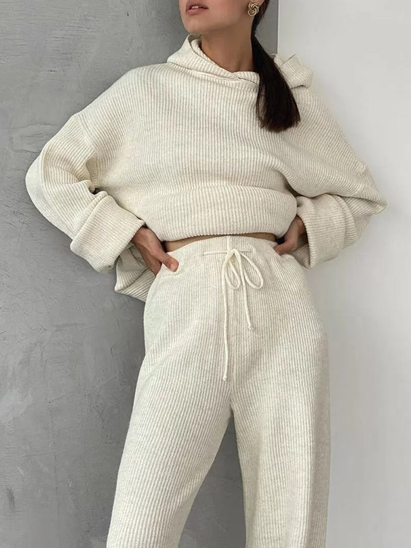 Ensemble deux pièces ample à col rond, à capuche, à manches longues, à cordon de serrage, couleur unie – pull + haut + pantalon