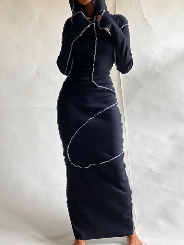 Robe longue à manches longues, grande taille, à empiècements, à capuche, couleur unie