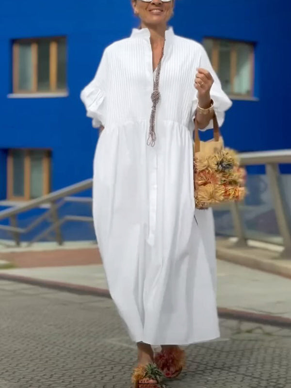 Robe longue boutonnée plissée ample à taille nouée, à manches mi-longues, à col montant, couleur unie