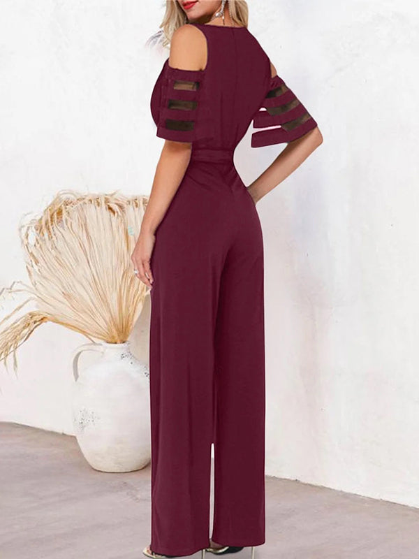 Combinaison ample ajourée taille haute, en résille, à taille nouée, à col en V, couleur unie