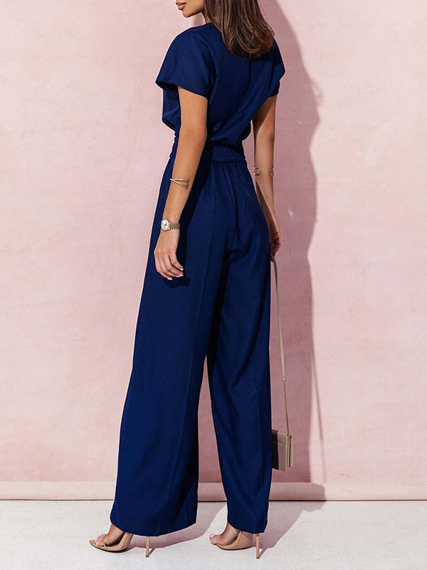 Combinaison ample plissée taille haute, avec ceinture, à col en V