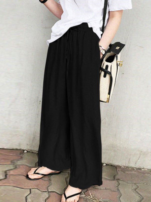 Pantalon ample taille haute, à cordon de serrage, à poches, couleur unie