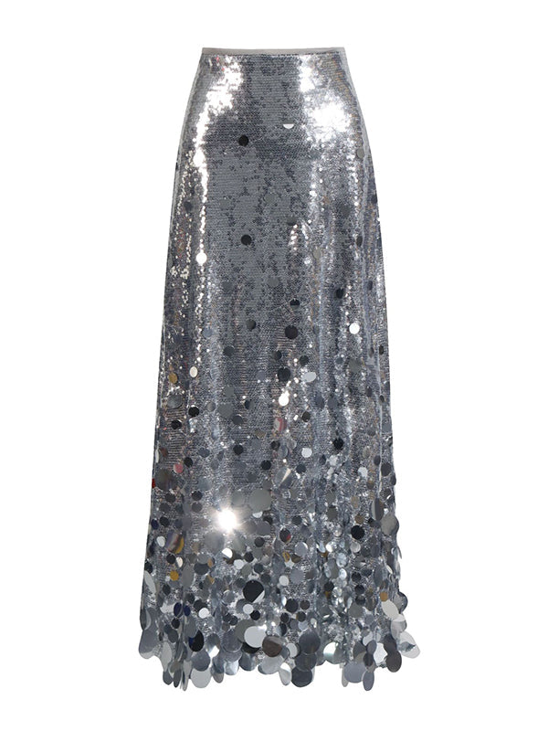 Jupe brillante coupe trapèze, taille haute, à sequins