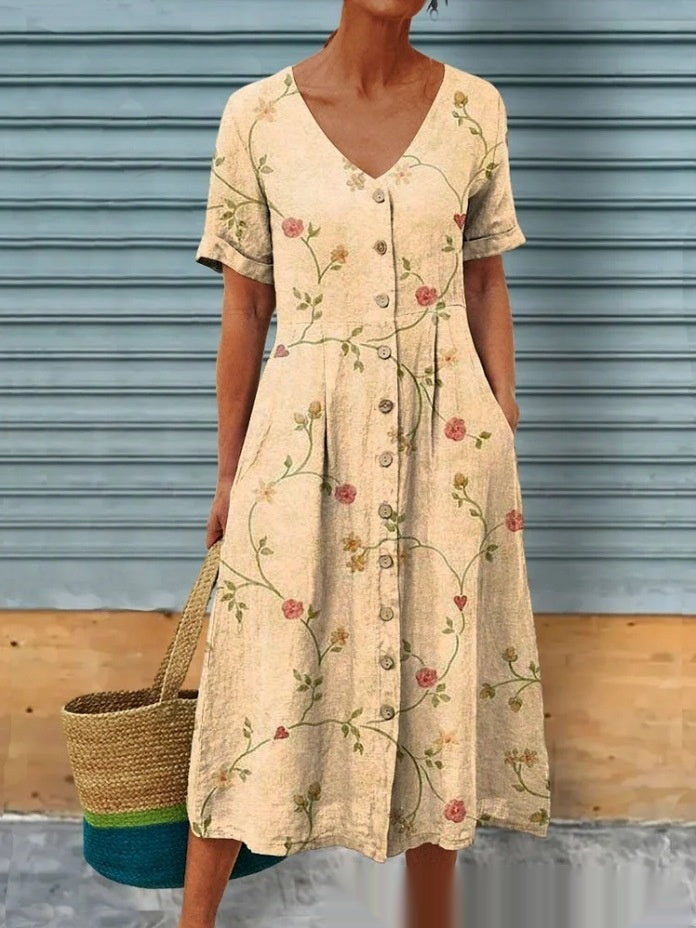 Luna - Robe midi à imprimé floral et fermeture à boutons devant