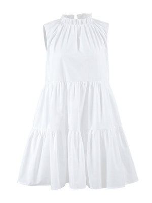 Robe chemise ample plissée volantée coupe trapèze, à empiècements, à col rond, couleur unie