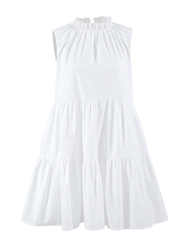 Robe chemise ample plissée volantée coupe trapèze, à empiècements, à col rond, couleur unie