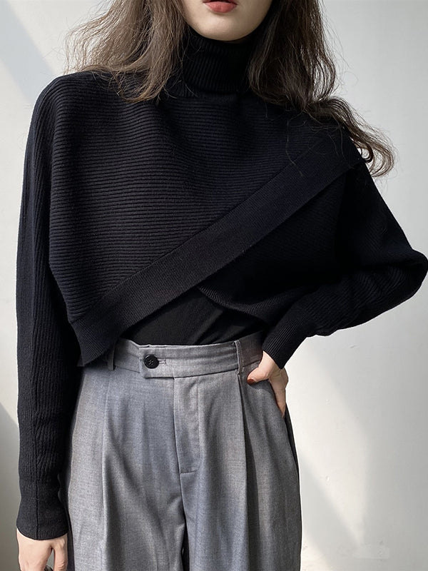 Pull asymétrique à manches longues, couleur unie, fendu sur le devant, col haut, pull en tricot