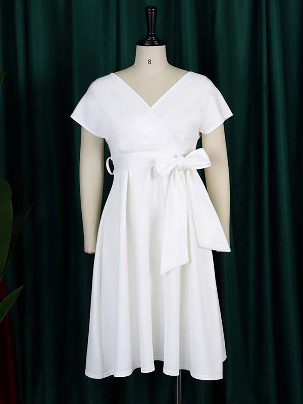 Robe mi-longue à nœud, à lacets, à col en V, couleur unie