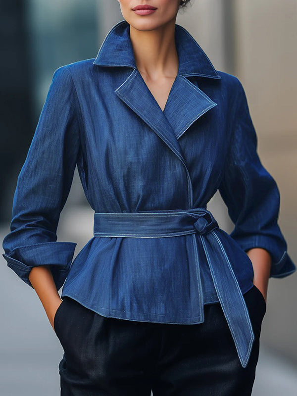 Veste ample à manches longues, à taille nouée, à col cranté, couleur unie