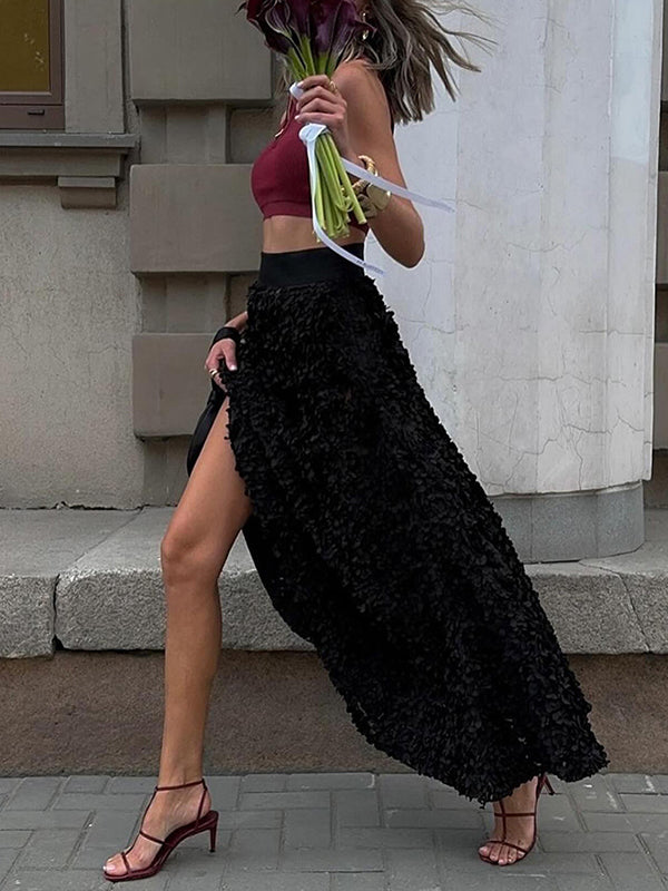 Jupe coupe trapèze, taille haute, à fleurs en 3D, couleur unie