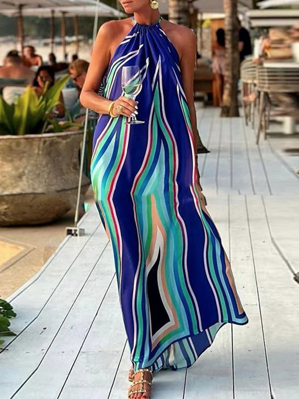 Robe longue ample multicolore rayée sans manches, à col licou