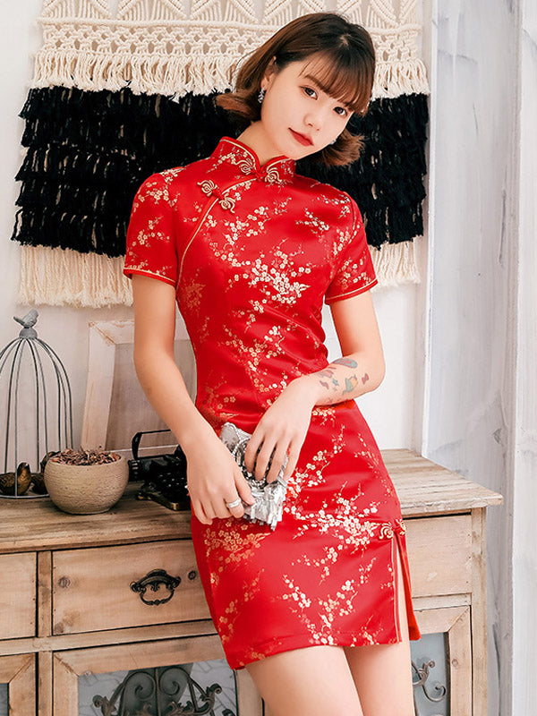 Cheongsam court à col montant imprimé fleurs de prunier
